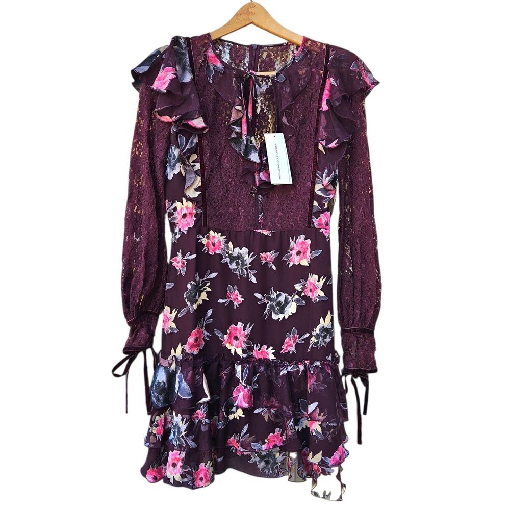 FRENCH CONNECTION Floral Lace Ruffle Tiered Mini Dress Burgundy Whimsygoth Sz 6